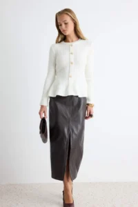 TRENDYOLMİLLA Ecru Soft textured Crew Neck peplum Waist Fitted Knitwear Sweater - Image 2