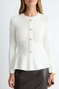 TRENDYOLMİLLA Ecru Soft textured Crew Neck peplum Waist Fitted Knitwear Sweater - Image 3