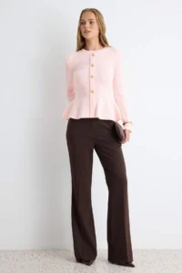 TRENDYOLMİLLA PINK Soft textured Crew Neck peplum Waist Fitted Knitwear Sweater - Image 2