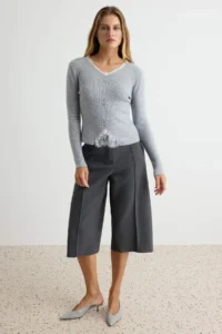 TRENDYOLMİLLA Gray Lace Detailed V-neck Soft textured Knitwear Sweater - Image 2