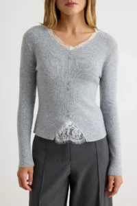 TRENDYOLMİLLA Gray Lace Detailed V-neck Soft textured Knitwear Sweater - Image 3