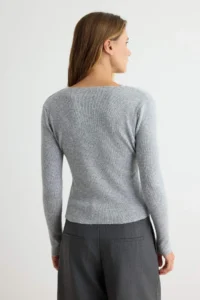 TRENDYOLMİLLA Gray Lace Detailed V-neck Soft textured Knitwear Sweater - Image 4