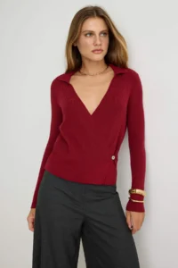 TRENDYOLMİLLA Burgundy Double breasted Kapama Shirt Collar Knitwear Sweater
