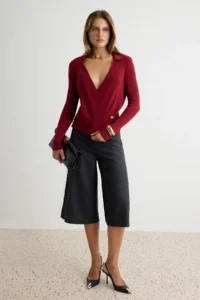 TRENDYOLMİLLA Burgundy Double breasted Kapama Shirt Collar Knitwear Sweater - Image 2