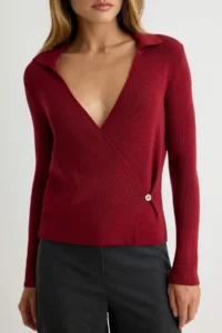 TRENDYOLMİLLA Burgundy Double breasted Kapama Shirt Collar Knitwear Sweater - Image 3