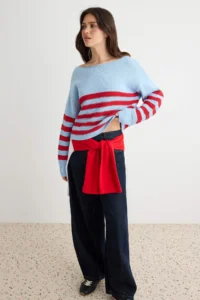 TRENDYOLMİLLA More Sustainable BLUE Striped Knitwear Sweater - Image 2