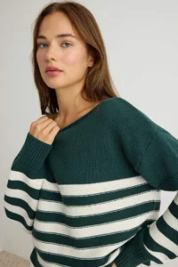 TRENDYOLMİLLA More Sustainable Khaki Striped Knitwear Sweater - Image 2