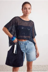 TRENDYOLMİLLA Petrol Pul Sequin embroidered Knitwear Sweater