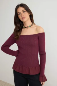 TRENDYOLMİLLA Burgundy Carmen Collar Weaving Garnili Bodysuit hugging/Fitted Knitwear Sweater