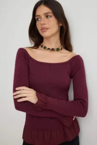 TRENDYOLMİLLA Burgundy Carmen Collar Weaving Garnili Bodysuit hugging/Fitted Knitwear Sweater - Image 2