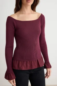 TRENDYOLMİLLA Burgundy Carmen Collar Weaving Garnili Bodysuit hugging/Fitted Knitwear Sweater - Image 3