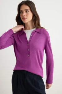 TRENDYOLMİLLA Purple Polo Shirt Collar Premium Thread/Special Thread Knitwear Sweater - Image 2