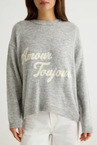 TRENDYOLMİLLA Gray Soft textured Slogan Knitwear Sweater - Image 3