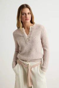 TRENDYOLMİLLA Beige Soft textured Double Collar Detailed Knitwear Sweater