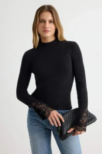 TRENDYOLMİLLA Black Premium Thread/Special Thread Sleeve Tip Lace Knitwear Sweater - Image 2