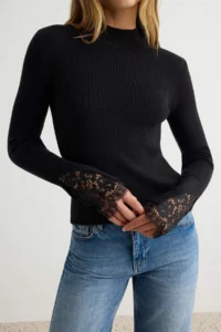 TRENDYOLMİLLA Black Premium Thread/Special Thread Sleeve Tip Lace Knitwear Sweater - Image 3