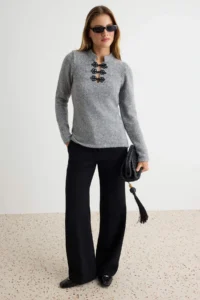 TRENDYOLMİLLA Anthracite Soft textured Trend/ Button Detailed Knitwear Sweater - Image 2