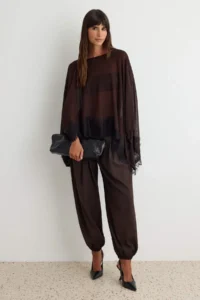 TRENDYOLMİLLA Brown Boat Neck Lace Detailed Bat Arm Pelerin Knitwear Sweater