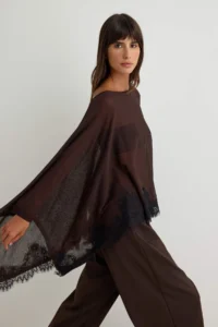 TRENDYOLMİLLA Brown Boat Neck Lace Detailed Bat Arm Pelerin Knitwear Sweater - Image 2
