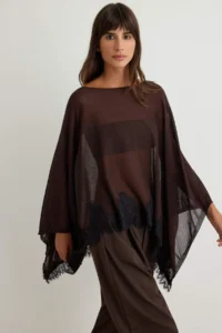 TRENDYOLMİLLA Brown Boat Neck Lace Detailed Bat Arm Pelerin Knitwear Sweater - Image 3