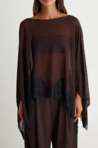 TRENDYOLMİLLA Brown Boat Neck Lace Detailed Bat Arm Pelerin Knitwear Sweater - Image 4