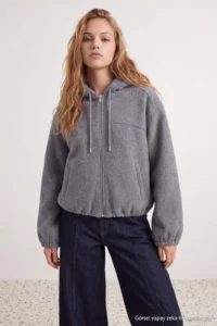 TRENDYOLMİLLA Gray Oversized Pattern Hooded Bowl Jacket Coat - Image 2