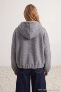 TRENDYOLMİLLA Gray Oversized Pattern Hooded Bowl Jacket Coat - Image 3