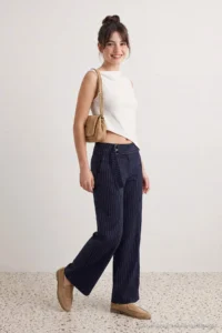 TRENDYOLMİLLA NAVY BLUE Thick Arched Striped Wide Leg/Wide Leg Pants - Image 3