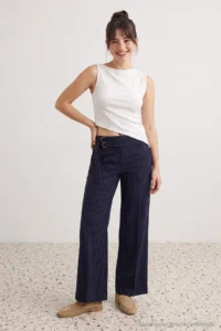 TRENDYOLMİLLA NAVY BLUE Thick Arched Striped Wide Leg/Wide Leg Pants - Image 4