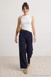 TRENDYOLMİLLA NAVY BLUE Thick Arched Striped Wide Leg/Wide Leg Pants - Image 5