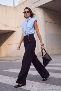 TRENDYOLMİLLA Black Button Pocket Detail Wide Leg/Wide Leg Cotton Material Knitting Pants - Image 2