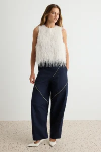 TRENDYOLMİLLA NAVY BLUE Zippered barrel Pattern Pants - Image 3