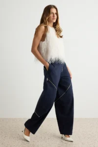 TRENDYOLMİLLA NAVY BLUE Zippered barrel Pattern Pants - Image 4