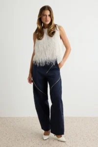 TRENDYOLMİLLA NAVY BLUE Zippered barrel Pattern Pants - Image 5