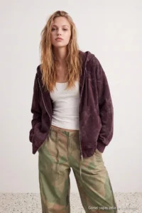 TRENDYOLMİLLA Brown Thick Wash Effect Hooded Zippered Oversized Knitting Cardigan/Sweatshirt