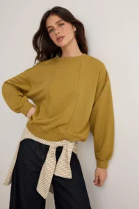 TRENDYOLMİLLA Wardrobe Essentials Light Khaki Stitching Detailed Oversized Patch Detailed Knitting Sweatshirt