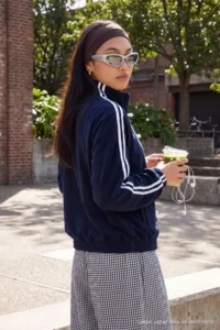 TRENDYOLMİLLA NAVY BLUE Fleece Oversized/Wide Cut High Neck China buttoned striped Knitting Sweatshirt - Image 2