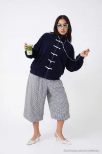 TRENDYOLMİLLA NAVY BLUE Fleece Oversized/Wide Cut High Neck China buttoned striped Knitting Sweatshirt - Image 3