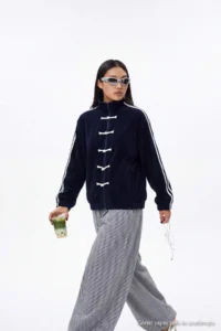 TRENDYOLMİLLA NAVY BLUE Fleece Oversized/Wide Cut High Neck China buttoned striped Knitting Sweatshirt - Image 5
