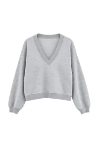 TRENDYOLMİLLA Gray Melange V-neck Ekstra Oversized/Wide Cut Drop Sleeve Thick Knitting Sweatshirt