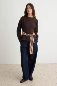 TRENDYOLMİLLA Brown Premium pleated peplum Crew Neck Drop Sleeve interlock Knitting Sweatshirt - Image 2