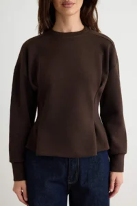 TRENDYOLMİLLA Brown Premium pleated peplum Crew Neck Drop Sleeve interlock Knitting Sweatshirt - Image 3