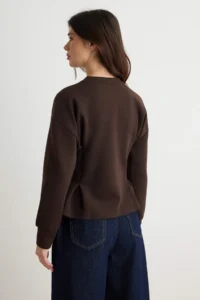 TRENDYOLMİLLA Brown Premium pleated peplum Crew Neck Drop Sleeve interlock Knitting Sweatshirt - Image 4