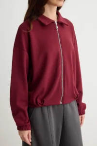 TRENDYOLMİLLA Burgundy Soft/Soft Touch Oversized/Wide Cut Zippered Polo Shirt Collar Knitting Sweatshirt - Image 3