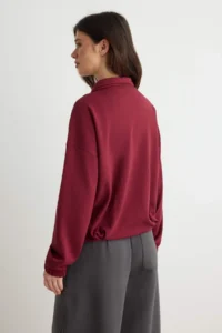 TRENDYOLMİLLA Burgundy Soft/Soft Touch Oversized/Wide Cut Zippered Polo Shirt Collar Knitting Sweatshirt - Image 4