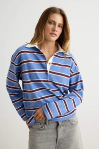 TRENDYOLMİLLA BROWN BEIGE Striped Oversized/Wide Cut Polo Shirt Collar Knitting Sweatshirt