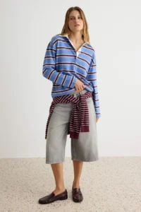 TRENDYOLMİLLA BROWN BEIGE Striped Oversized/Wide Cut Polo Shirt Collar Knitting Sweatshirt - Image 2