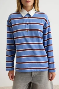 TRENDYOLMİLLA BROWN BEIGE Striped Oversized/Wide Cut Polo Shirt Collar Knitting Sweatshirt - Image 3