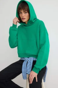TRENDYOLMİLLA Green Thick Hooded Kangaroo with pocket Oversized Crop Knitting Sweatshirt