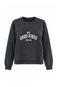 TRENDYOLMİLLA Anthracite Slogan Printed Oversized/Wide Cut Raglan Sleeve Knitting Sweatshirt
